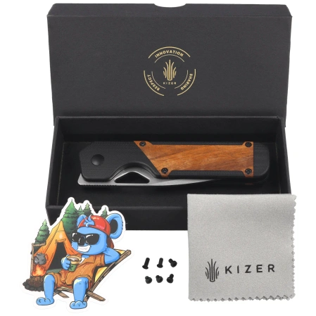 Kizer Militaw Knife Black G10 / Mkuruti Wood, Satin 154CM by Jonathan Styles (V3634C2)