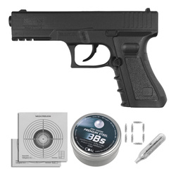 Zestaw wiatrówkowy 60: Pistolet Niksan Defence NKS CP17 Black 4.5 mm, 1400 BBs, 10 kapsuł CO₂, 100 tarcz