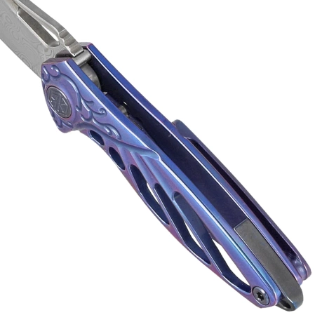 Rike Knife Mini Hummingbird Blue Titanium, Rose Damascus by Richard Wu (RK-MINI-BL)