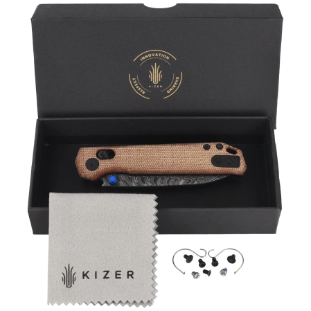 Nóż składany Kizer Begleiter 2.9 CL Brown Norplex UltreX Micarta, Acid Washed Damascus by Azo (V3458.2CDA2)