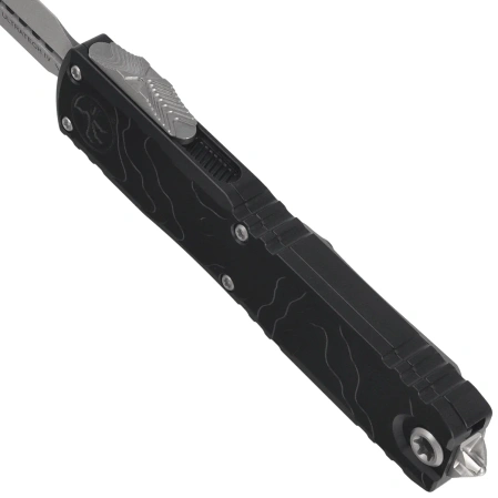 Nóż automatyczny OTF Microtech Ultratech Gen IV Spartan Black Topographic Deep Engraved Aluminium, Stonewashed M390MK by Tony Marfione (12234TP-10)