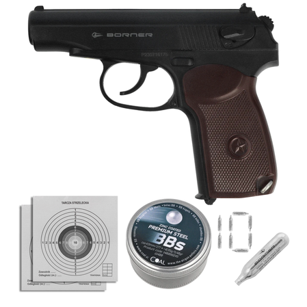 Airgun Set 42: Borner Makarov PM N1 4.5 mm CO2 Air Pistol, 1400 BBs, 10 CO₂ Cartridges, 100 Targets