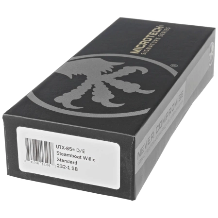 Microtech UTX-85 D/E Steamboat Willie Signature Black Aluminium, Antique White M390 OTF knife (232-1SB)