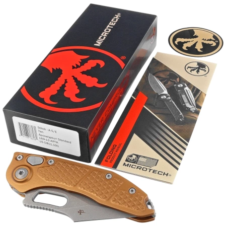 Nóż automatyczny Microtech Stitch-A S/E Tan Aluminium, Apocalyptic M390MK by Borka Blades and Tony Marfione (169-10APTA)