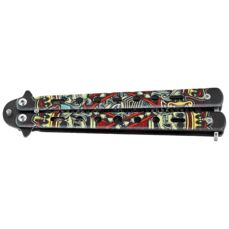 Nóż składany motylek Third Decor Habitat Balisong K3100 3D Poker Skull Print 420, Comb-Style Blade 420 (TH-K3100)