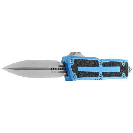 Microtech Scarab II Gen III D/E OTF Knife Blue Aluminum, Stonewashed M390MK by Tony Marfione (1280-10BL)