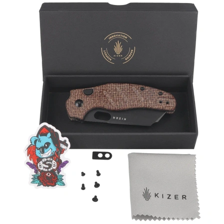 Kizer C01C 2.9 BS Knife Brown Norplex UltreX Micarta, Black DLC Ultra Elmax by Sheepdog Knives (Ki3488.29BSA2)