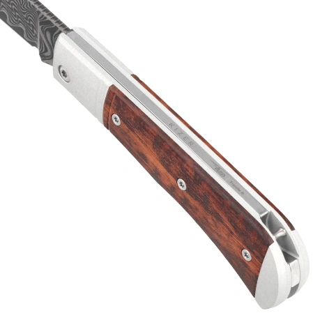 Kizer Trestle D Knife Grey Aluminum / Leopardwood, Acid Washed Damascus by Azo (V3760A3)
