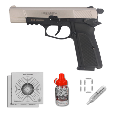 Airgun set 13: Voltran Ekol ES P66 Satin 4.5 mm Pistol, 1500 BBs, 10 CO₂ cartridges, 100 targets