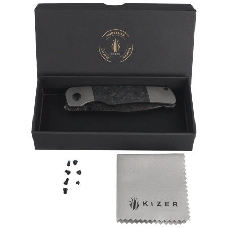 Kizer Coywolf Knife Gray Titanium / Black Carbon Fiber, Acid Washed Damascus by Derek Sharon (Ki3685A1)