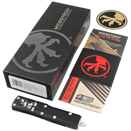 Microtech UTX-85 D/E Steamboat Willie Signature Black Aluminium, Antique White M390 OTF knife (232-1SB)