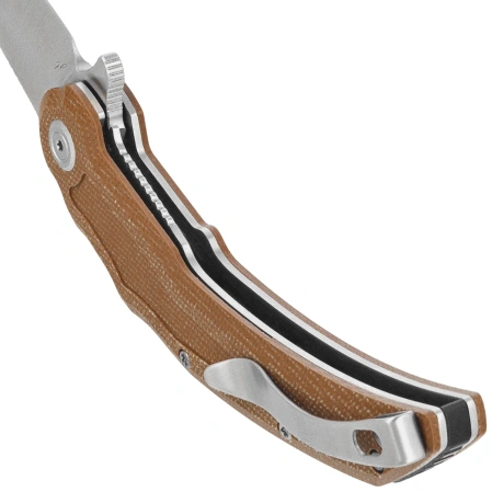 Kubey Crest Knife Brown Micarta, Satin 14C28N by Yuze Zhong (KU346D)