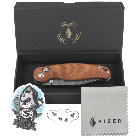 Nóż składany Kizer Phoca CD Mkuruti Wood, Acid Washed Damascus (V3781CDA3)