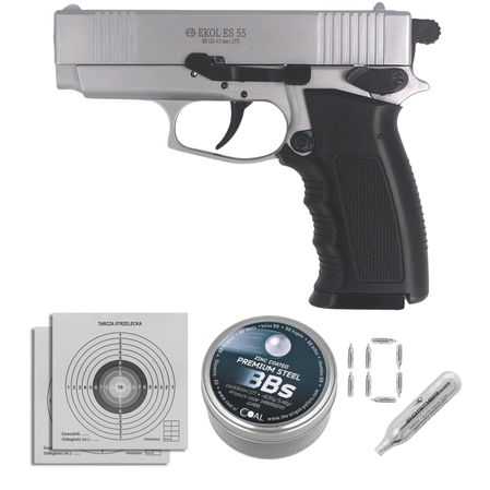 Zestaw pistolet wiatrówka Voltran Ekol ES 55 White 4.5 mm, 1400 BBs, 10 kapsuł, tarcze
