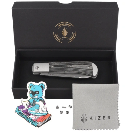 Kizer Trestle D Knife Silver Aluminum / Black Norplex UltreX Micarta, Stonewashed Nitro-V by Azo (V3760A1)