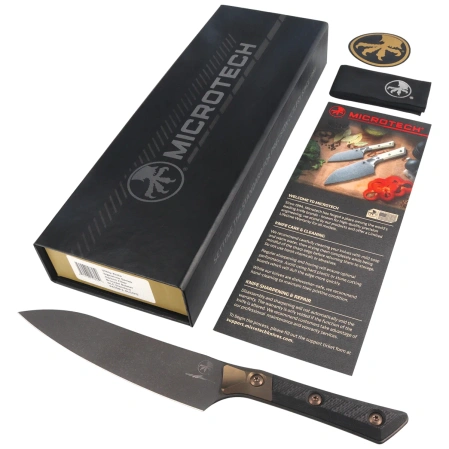 Microtech Utility Signature Kitchen Knife Bronze Titanium Bolster/Carbon Fiber, Black DLC M390MK (3400B-1DLCCFS)