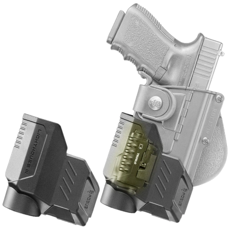Fobus Holster, Tactical Series, for Glock 19, 19X, 23 (excluding 23 and 22 Gen 5), 32, and 45. This holster is designed for tactical use and is compatible with flashlights and laser units (RBT19G2 Bundle).