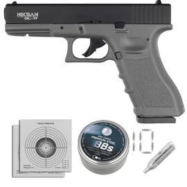 Zestaw wiatrówkowy 67: Pistolet Niksan Defence NKS GL17 Grey Blow Back 4.5 mm, 1400 BBs, 10 kapsuł CO₂, 100 tarcz