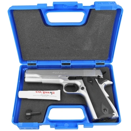 Zestaw pistolet wiatrówka Voltran Ekol ES 1911 White 4.5 mm - Blow Back, 1500 BBs, 10 kapsuł, tarcze