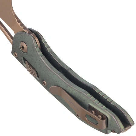 Microtech M-Stitch Ram-Lok S/E Marfione Select Knife Slab Side Antique Green Titanium, Bronze HW, Stonewashed M390MK by Borka Blades and Tony Marfione (169MRL-13MS1)