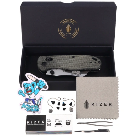 Kizer Uti Bear 1 Knife Black Micarta, Bead Blasted SK5 / 50Cr15MoV by Azo (V3619JA3)