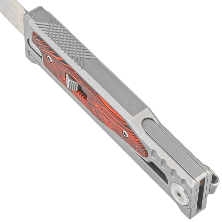 Reate EXO-M Gravity D/E Knife Bead Blasted Titanium/Damascus Red-Black G10, Satin Elmax