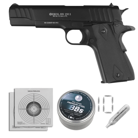 Zestaw pistolet wiatrówka Voltran Ekol ES 1911 v2 Black 4.5 mm - Blow Back, 1400 BBs, 10 kapsuł, tarcze