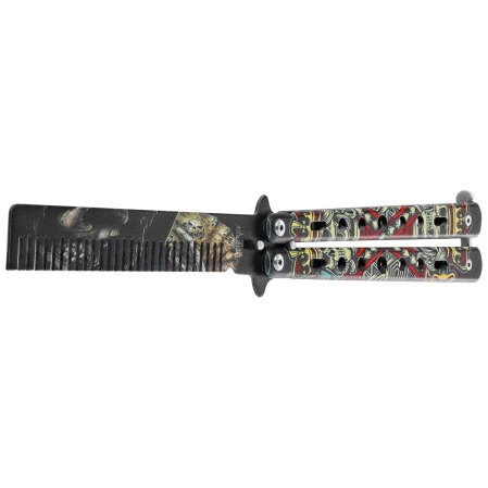 Nóż składany motylek Third Decor Habitat Balisong K3100 3D Poker Skull Print 420, Comb-Style Blade 420 (TH-K3100)