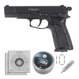 Zestaw wiatrówkowy 02: pistolet Voltran Ekol ES 66 Matte Black 4.5 mm, 1400 BBs, 10 kapsuł CO₂, 100 tarcz