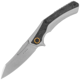 Kizer Draca Knife Gray Aluminum / Black-Green Carbon Fiber, Stonewashed S45VN by Mikey Carlson (Ki4751A1)