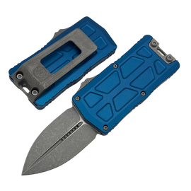 Microtech Exocet II D/E OTF Knife Blue Aluminium, Apocalyptic M390MK by Tony Marfione (1157-10APBL)