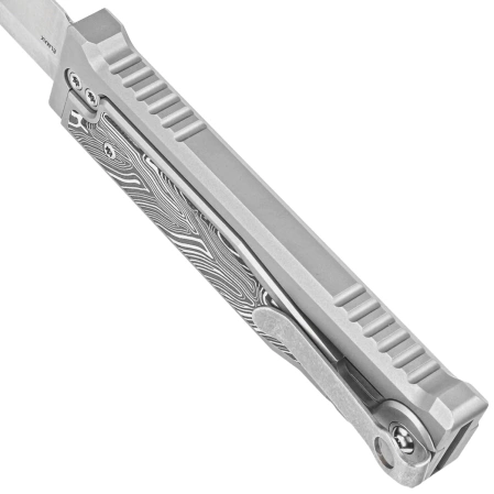 Reate EXO-M Gravity Drop Point Knife Bead Blasted Titanium/Damascus Black-White G10, Satin Elmax