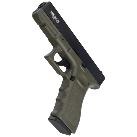 Zestaw wiatrówkowy 66: Pistolet Niksan Defence NKS GL17 Olive Drab Blow Back 4.5 mm, 1400 BBs, 10 kapsuł CO₂, 100 tarcz