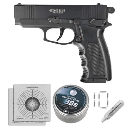 Zestaw pistolet wiatrówka Voltran Ekol ES 55 Matte Black 4.5 mm, 1400 BBs, 10 kapsuł, tarcze