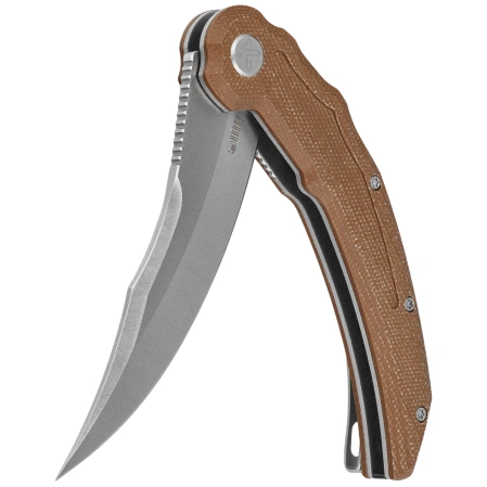 Kubey Crest Knife Brown Micarta, Satin 14C28N by Yuze Zhong (KU346D)