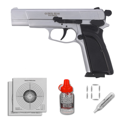 Zestaw wiatrówkowy 04: pistolet Voltran Ekol ES 66 White 4.5 mm, 1500 BBs, 10 kapsuł CO₂, 100 tarcz