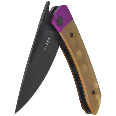 Kizer Mini MoMo Knife Purple Aluminum / Yellow PEI, Black PVD Nitro-V by Vladimir Legachev (V3663A1)