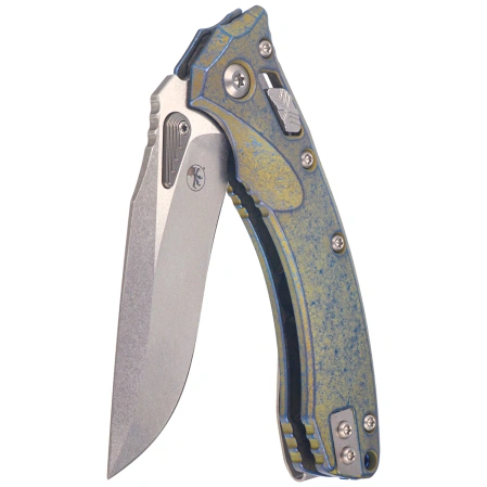 Nóż składany Microtech Amphibian Mini Ram-Lok S/E Marfione Select Galactic Gold Slab Side Titanium, Blue Bksp, Stonewashed M390MK by Tony Marfione (137MRL-10MS15)