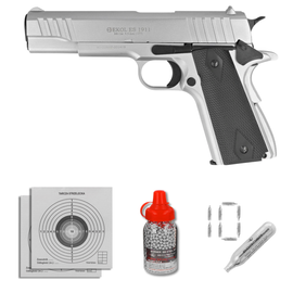 Zestaw pistolet wiatrówka Voltran Ekol ES 1911 v2 White 4.5 mm - Blow Back, 1500 BBs, 10 kapsuł, tarcze