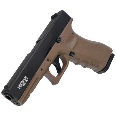 Zestaw wiatrówkowy 65: Pistolet Niksan Defence NKS GL17 Tan Blow Back 4.5 mm, 1400 BBs, 10 kapsuł CO₂, 100 tarcz