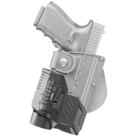 Fobus Holster, Tactical Series, for Glock 19, 19X, 23 (excluding 23 and 22 Gen 5), 32, and 45. This holster is designed for tactical use and is compatible with flashlights and laser units (RBT19G2 Bundle).