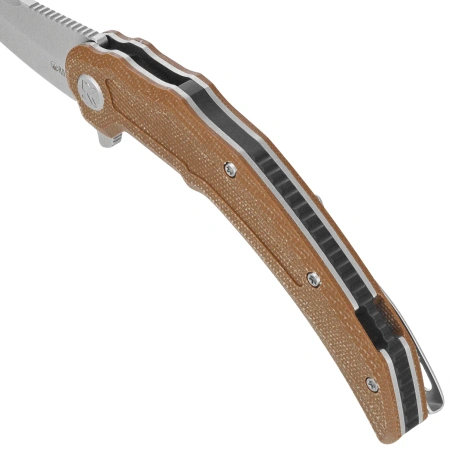 Kubey Crest Knife Brown Micarta, Satin 14C28N by Yuze Zhong (KU346D)