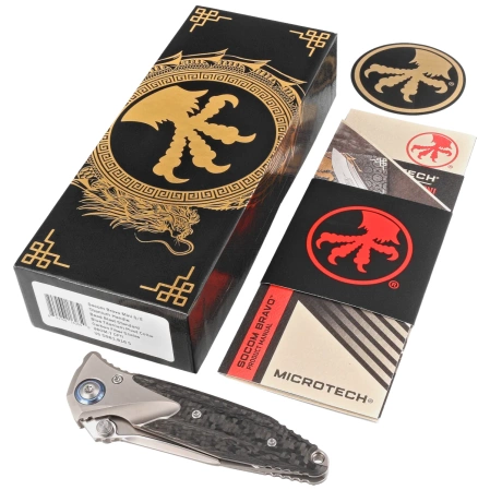 Nóż składany Microtech Socom Bravo Mini S/E Titanium/Carbon Fiber, Blue HW, Bead Blasted M390 by Tony Marfione (260M-7CFTI)