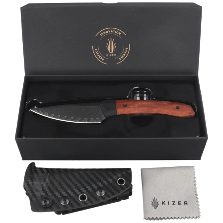 Kizer MoMo Fix 3 Black G10/Mkuruti Wood, Acid-Washed/Stonewashed Takefu VG-10 Damascus by Vladimir Legachev (1124A1)