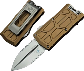Microtech Exocet II D/E OTF Knife Tan Aluminum, Stonewashed P/S M390MK by Tony Marfione (1157-11TA)