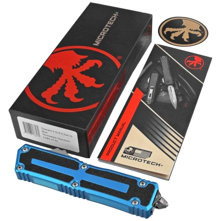 Microtech Scarab II Gen III D/E-S OTF Knife Blue Aluminum, Stonewashed M390MK by Tony Marfione (1180-10BL)