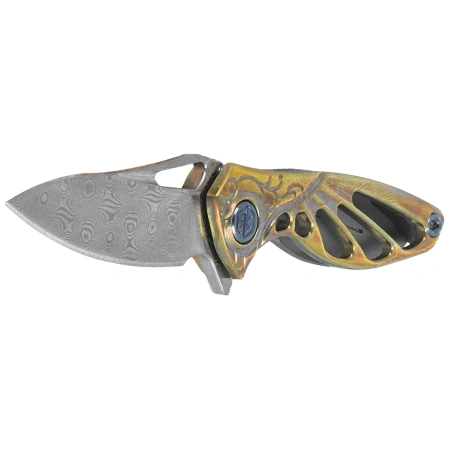 Rike Knife Mini Hummingbird Gold Titanium, Rose Damascus by Richard Wu (RK-MINI-GO)