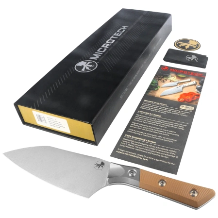 Microtech Santoku 6'' Kitchen Knife Titanium Bolster/Coyote G10, Stonewashed M390MK (3200B-10CE)