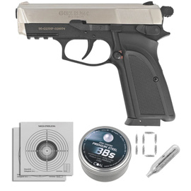 Zestaw wiatrówkowy 19: pistolet Voltran Ekol ES P66C Satin 4.5 mm, 1400 BBs, 10 kapsuł CO₂, 100 tarcz
