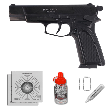 Zestaw pistolet wiatrówka Voltran Ekol ES 66 Black 4.5 mm, 1500 BBs, 10 kapsuł, tarcze